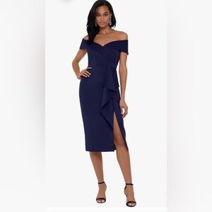 Xscape Women's Knee Length Off-The-Shoulder Scuba Side Slit Dress